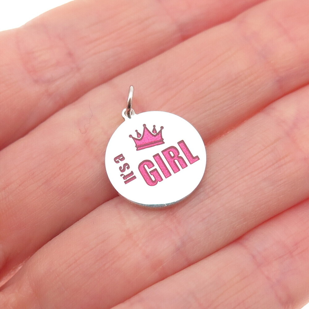 925 Sterling Silver Pink Enamel It's a Girl Round Tag Mini Charm Pendant